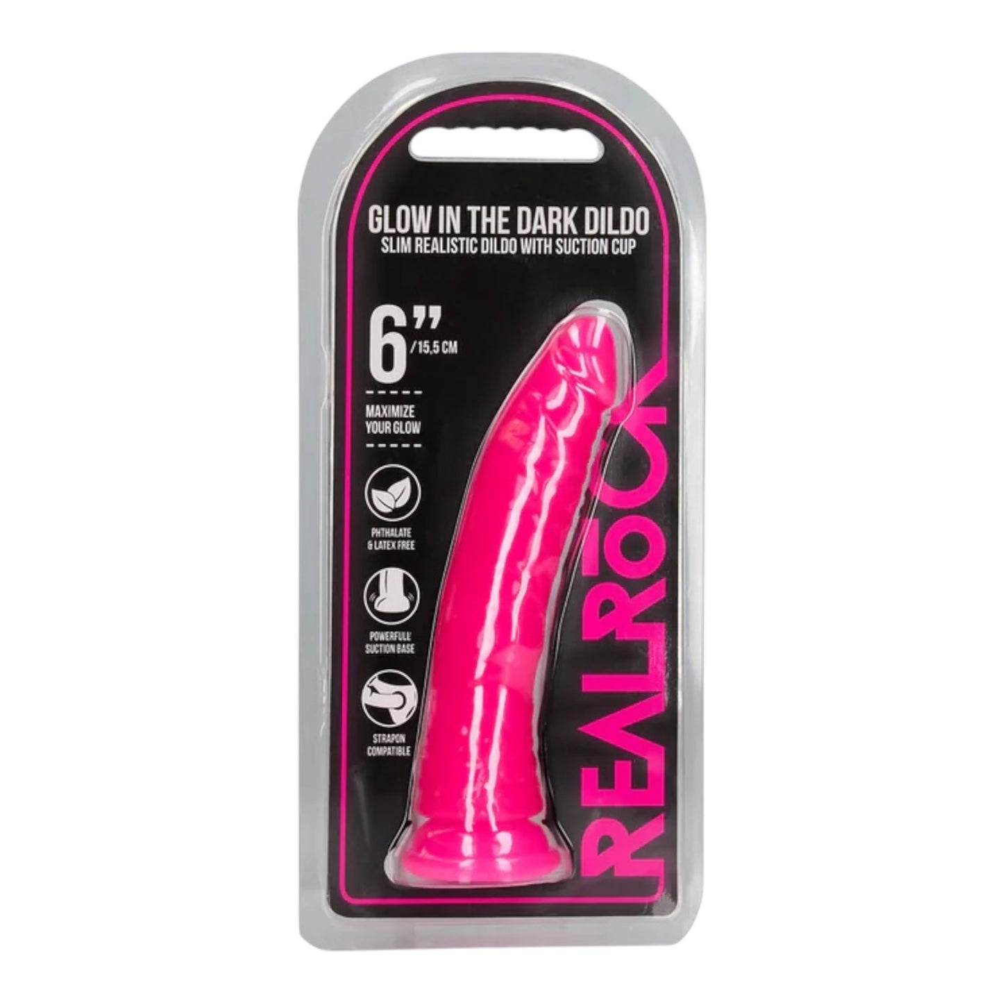 RealRock Slim Realistic Glow-in-the-Dark Dildo mit Saugnapf – Pink 15,5 cm