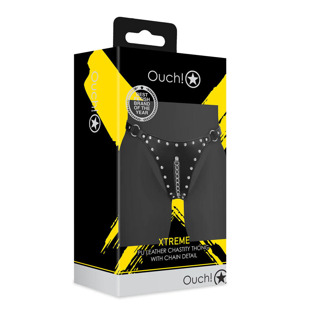 Ouch ! PU-Leder-Chastity-Thong mit Kettendetail
